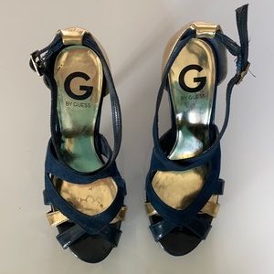 Navy and Gold Guess Strappy peep toe sandals